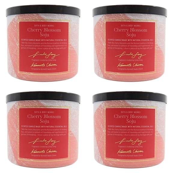 Four 4x Bath and Body Works Cherry Blossom Soju Scented 3-Wick Candle (14.5 oz)