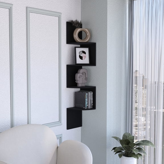Black Modern Engineered Wood Corner Shelf with Four 9.8" Shelves - Ideal for Decorative Displays in Primary Living Space