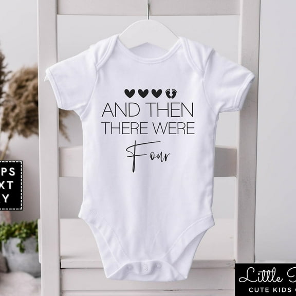 And Then There Were Four Baby Onesie, Cute Baby Announcement Bodysuit, Coming Soon Baby Arrival Onesie, New Addition To Family Reveal Cute Baby Onesie, BABY BODYSUIT LAT 4424