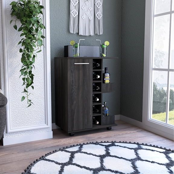 Four Bar Cart With Six Liquor Bottle , Two Open Shelves, Single Door Cabinet - Relaxing Built-in Wine Rack, , Shelves And