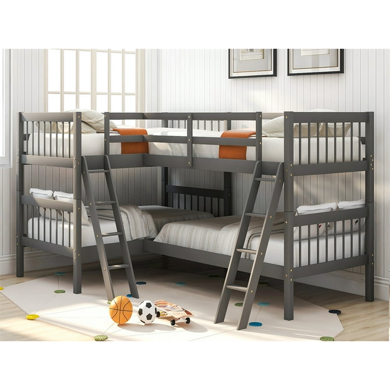 Four Bed Twin Over Twin L Shaped Bunk Bed with 2 Ladders Wooden