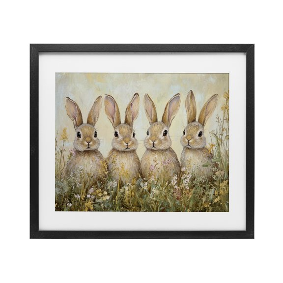 Stupell Industries Four Bunnies in Flowers Black Framed Print Under Glass, design by Petal Prints Design