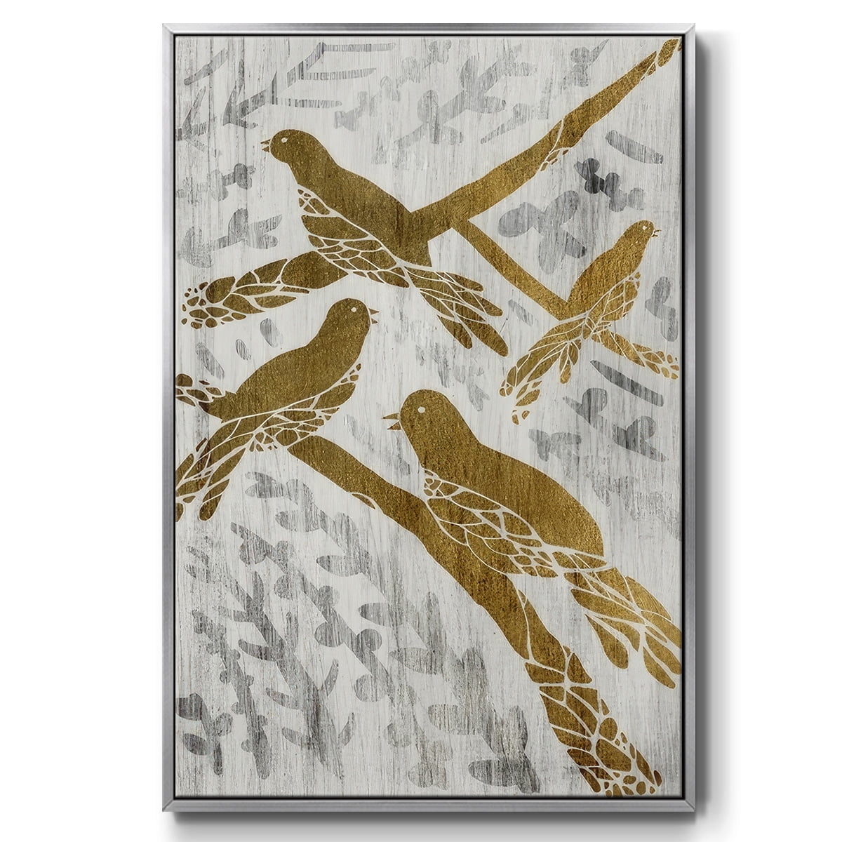 Four Calling Birds - Gold Leaf Holiday - Framed Gallery Wrapped Holiday Canvas - 25 x 37 - Silver Frame