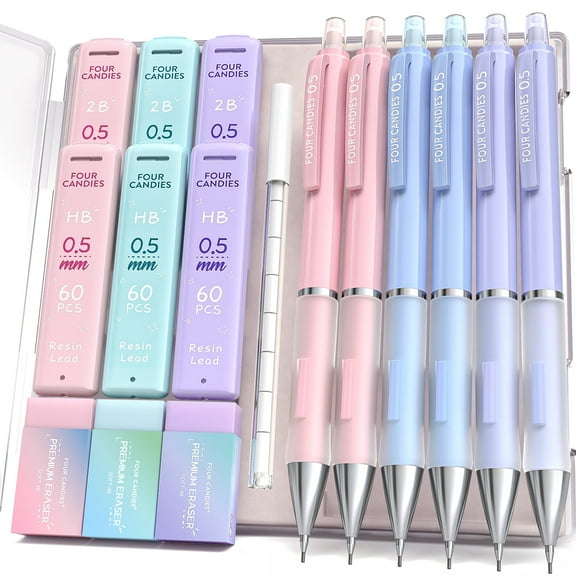 Four Candies 0.5 mm Mechanical Pencil Set - 6PCS Cute Pencils with 360PCS HB & 2B Lead Refills, 3PCS Pastel Erasers and 9PCS Eraser Refills, Aesthetic Supplies for Writing Drawing Drafting