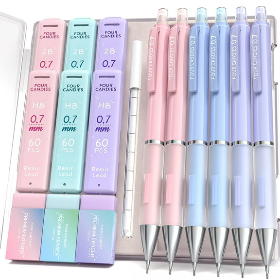 Four Candies 0.7mm Mechanical Pencil Set - 6PCS Cute Pencils with 360PCS HB & 2B Lead Refills, 3PCS Pastel Erasers and 9PCS Eraser Refills, Aesthetic Supplies for Writing Drawing