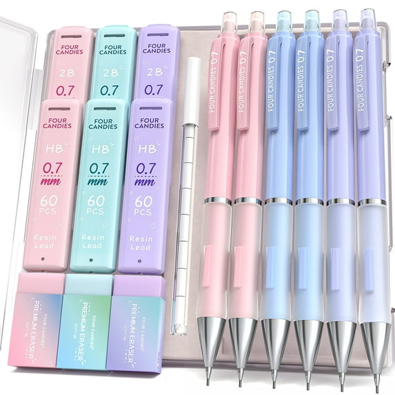 Four Candies 0.7mm Mechanical Pencil Set - 6PCS Cute Pencils with 360PCS HB & 2B Lead Refills, 3PCS Pastel Erasers and 9PCS Eraser Refills, Aesthetic Supplies for Writing Drawing