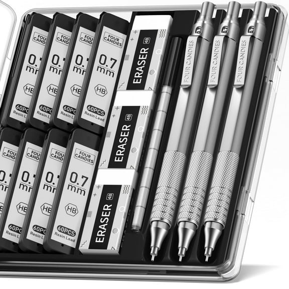 Four Candies 0.7mm Mechanical Pencil Set with Case, 3PCS Metal Pencil with 8 Tubes HB Lead Refills, 3 Erasers, 9 Eraser Refills for  Writing Drawing Drafting, Silver