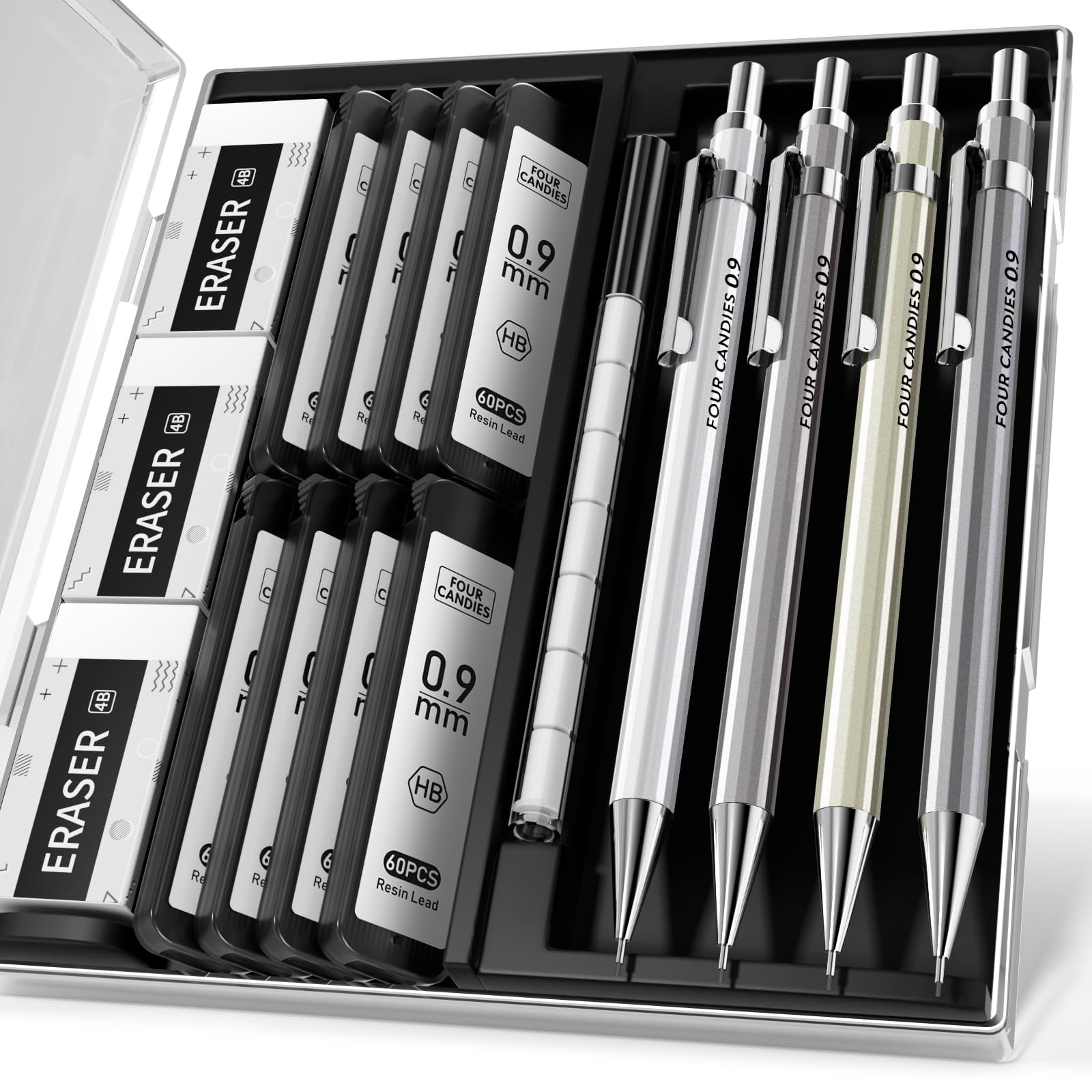 COLLEEN No.700 4B 鉛筆 ９ダースセット Four Candies, Mechanical Pencil Set, 0.9mm, with Case, 4PCS