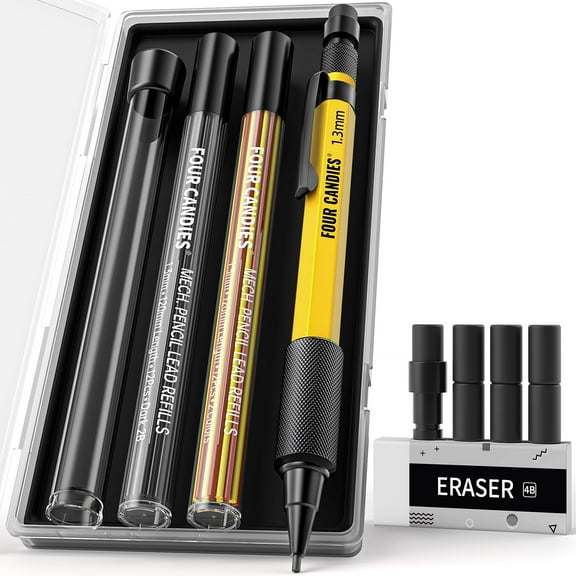 Four Candies 1.3mm Mechanical Pencil Set with 24 Lead Refills, Metal Weatherproof Heavy Duty Outdoor Carpenter Pencil, Eraser, 6 Eraser Refills for Architect Drafting Woodworking Marking with Case