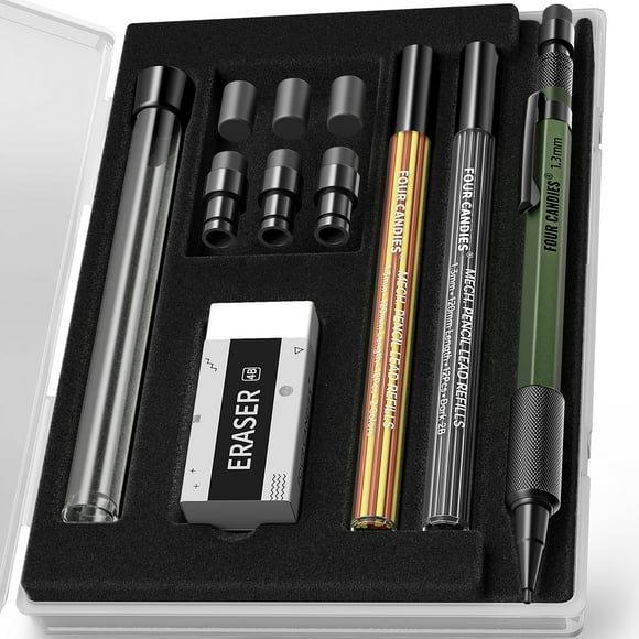 Four Candies 1.3mm Mechanical Pencil Set with Case, Metal Heavy Duty Outdoor Carpenter Pencil with 24 Refills (Red Black Yellow), Eraser, 6 Eraser Refills