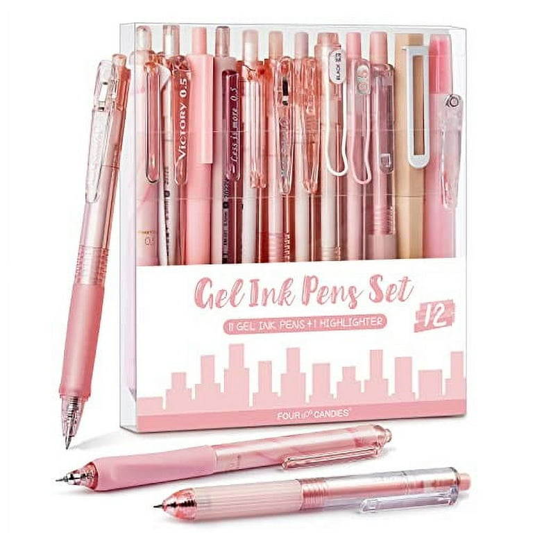 Four Candies 12Pack Pastel Gel Ink Pen Set, 11 Pack Black Ink Pens with  1Pack Highlighter for Writing, Retractable 0.5mm Fine Point Gel Pens, Cute Note  Taking Pens for School Office (Pink) 