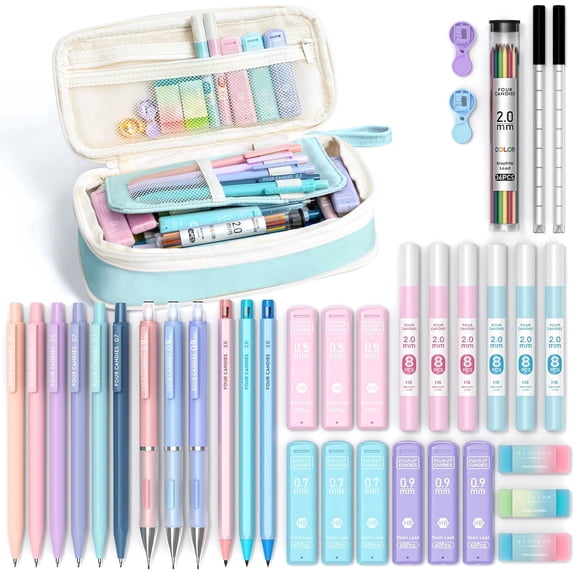 Four Candies 36PCS Aesthetic Supplies, Mechanical Pencil Set 0.5mm, 0.7mm, 0.9mm & 2.0mm with 624 Lead Refills, for Writing & Drawing,(Blue)