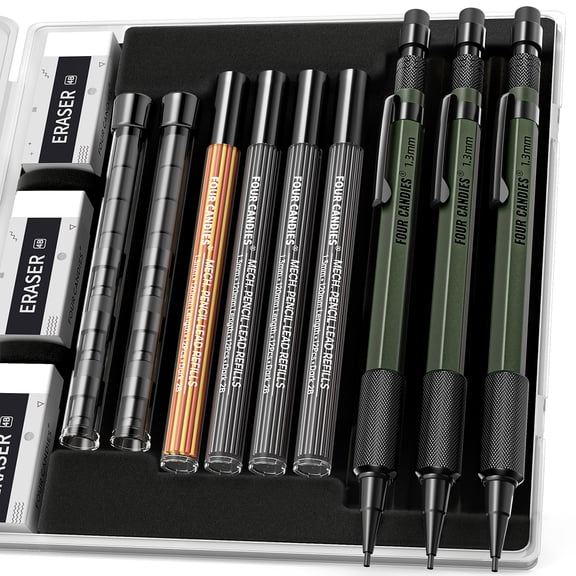 Four Candies 3PCS 1.3mm Mechanical Pencil Set with Case, Metal Heavy Duty Carpenter Pencils with 48 Refill(Red,Black,Yellow) 3Eraser, 12Eraser Refill(Green)