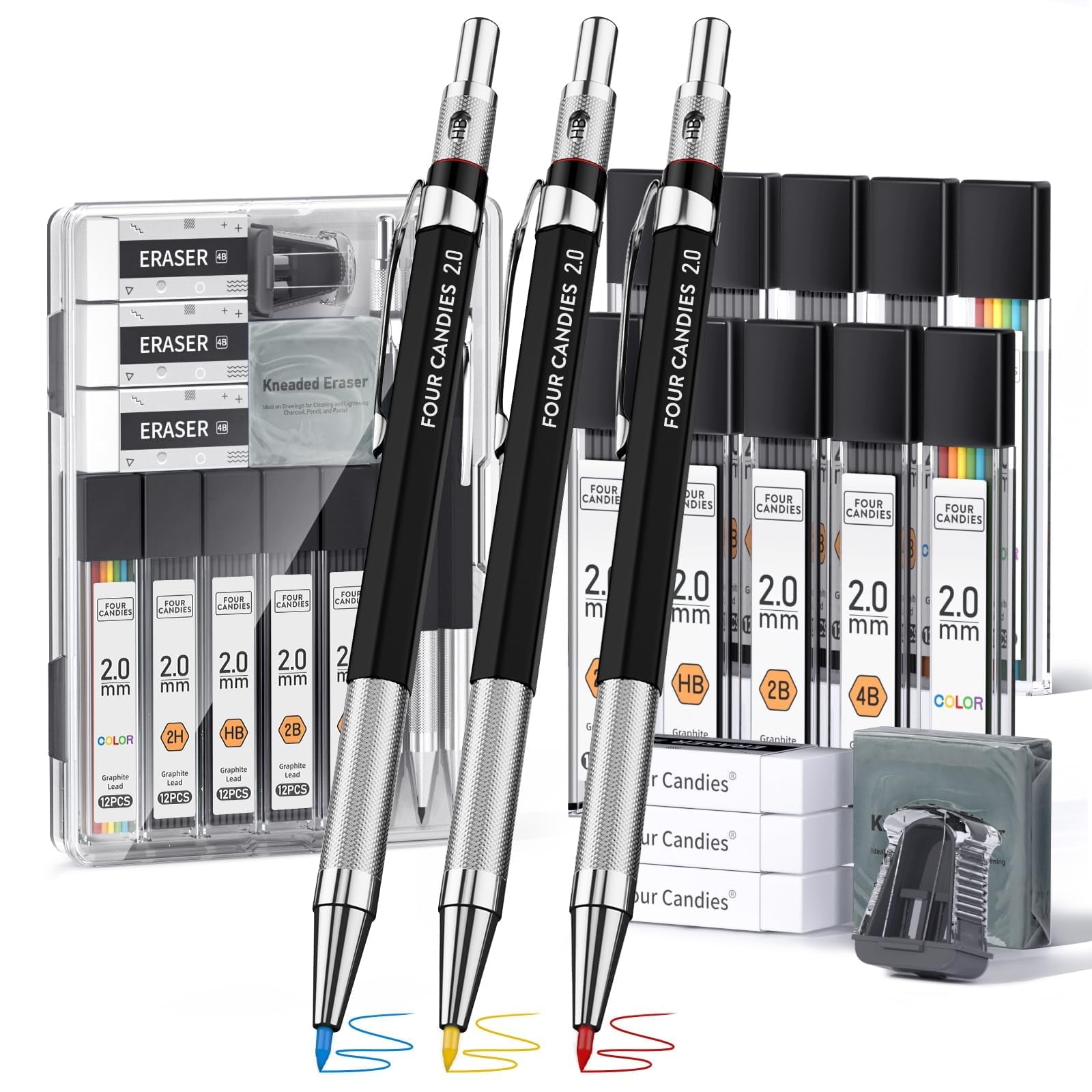 Four Candies 3PCS 2MM Mechanical Pencils Artist Lead Pencils Metal