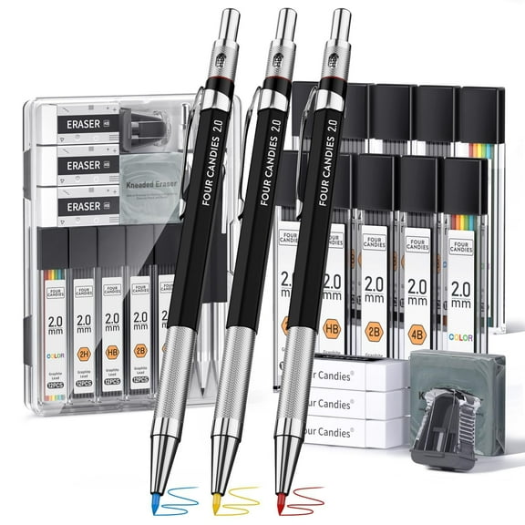 Four Candies 3PCS 2MM Mechanical Pencils with Case, Artist Lead Pencil Metal Lead Holder with Graphite Lead Refills, 4 Erasers, Sharpener, Drafting Pencil for Drawing, Sketching