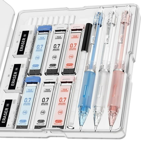 Four Candies 3PCS Clear Mechanical Pencils Set, 0.7mm Pastel Mechanical Pencils with 360PCS HB Lead Refills, 3PCS Erasers, 9PCS Eraser Refills for Writing