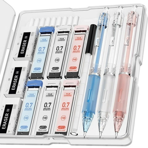 Four Candies 3PCS Clear Mechanical Pencils Set, 0.7mm Pastel Mechanical Pencils with 360PCS HB Lead Refills, 3PCS Erasers, 9PCS Eraser Refills for Writing