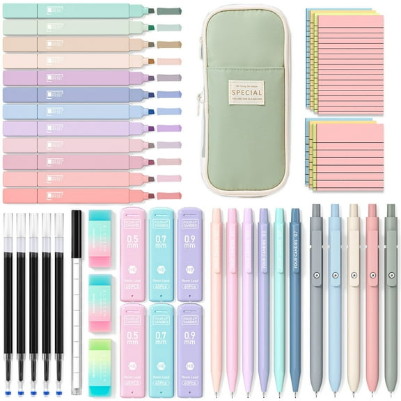 Four Candies 40PCS Aesthetic Supplies with Cute Pen Case, 12 Pastel Highlighters, 5 Black Ink Gel Pens, 6 Mechanical Pencils Set 0.5 & 0.7 mm and 100 sticky notes in two sizes, College Essenti