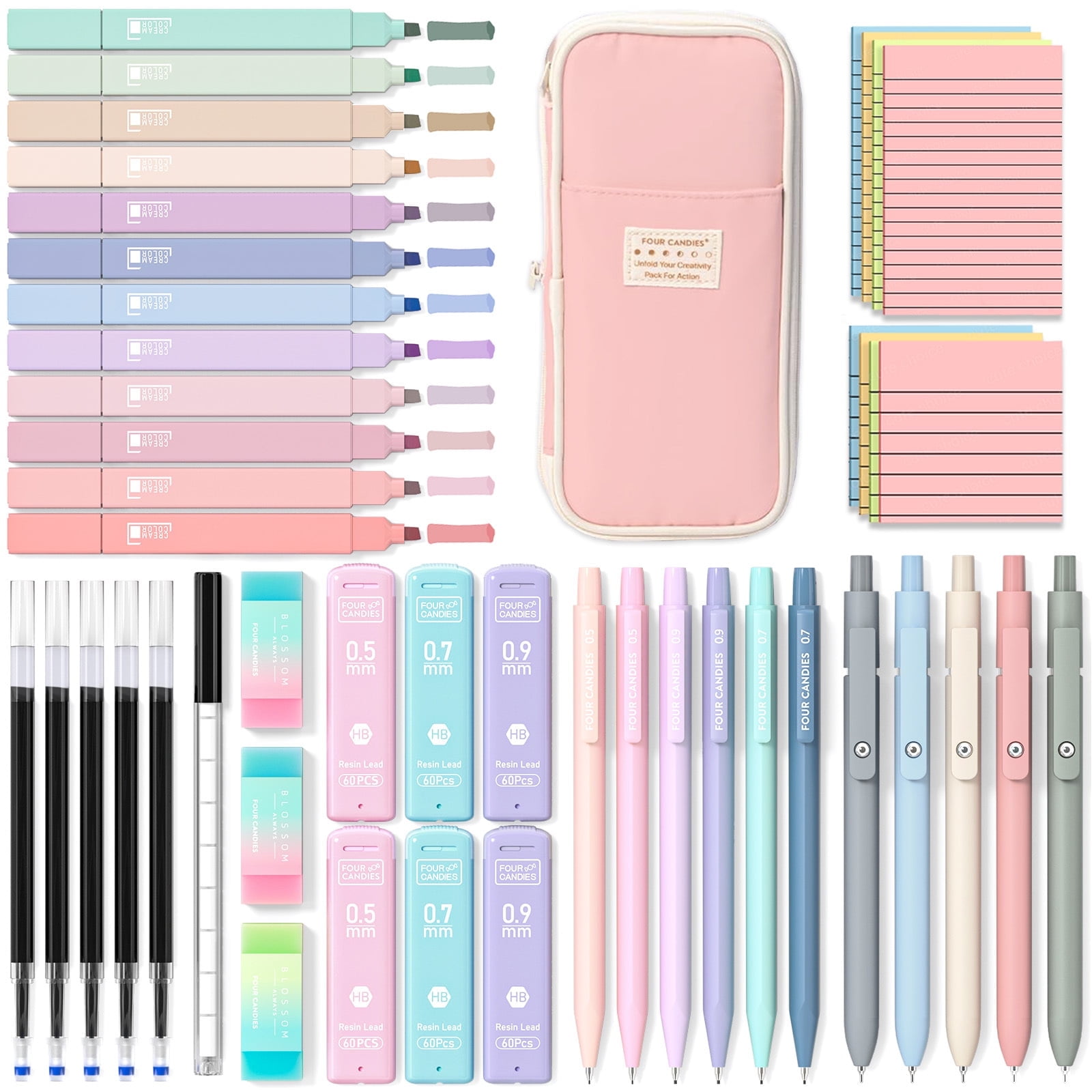 Four Candies 40PCS Aesthetic Supplies with Cute Pen Case, 12 Pastel Highlighters, 5 Black Ink Gel Pens, 6 Mechanical Pencils Set 0.5 & 0.7 mm and 100 sticky notes in two sizes, College Essenti