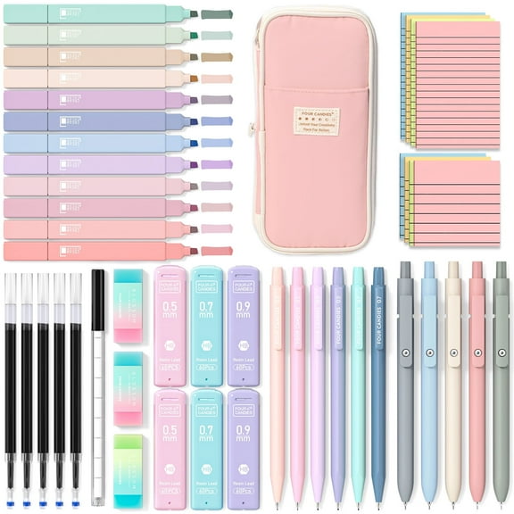Four Candies 40PCS Aesthetic Supplies with Cute Pen Case, 12 Pastel Highlighters, 5 Black Ink Gel Pens, 6 Mechanical Pencils Set 0.5 & 0.7 mm and 100 sticky notes in two sizes, College Essenti