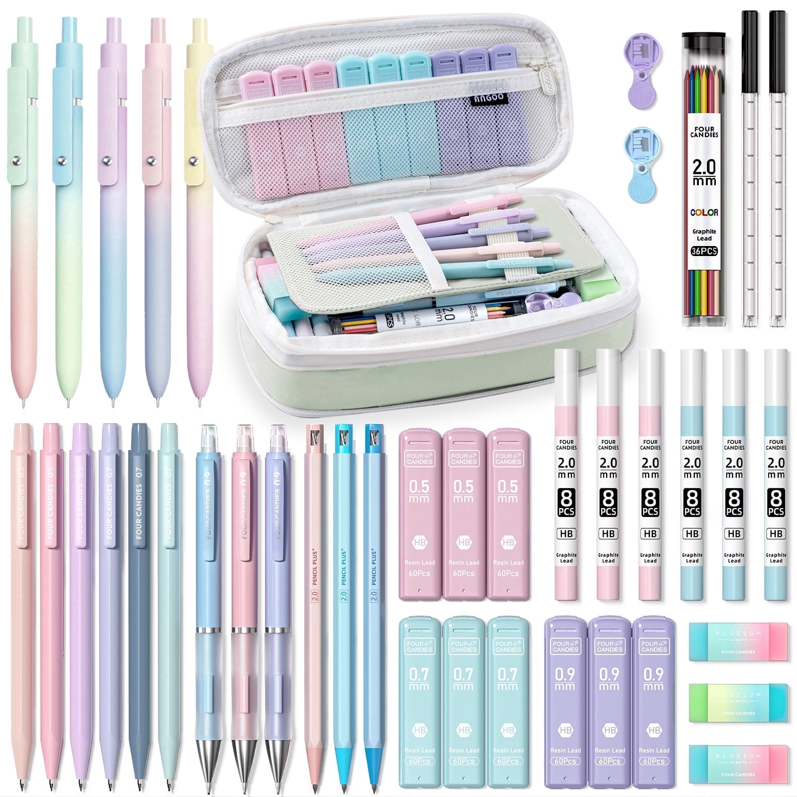 Four Candies 41PCS Aesthetic Supplies With Cute Pen Case, 5 Black Ink Gel Pens, 12 Mechanical Pencils 0.5mm, 0.7mm, 0.9mm & 2.0mm With Lead Refills For College Essentials Green