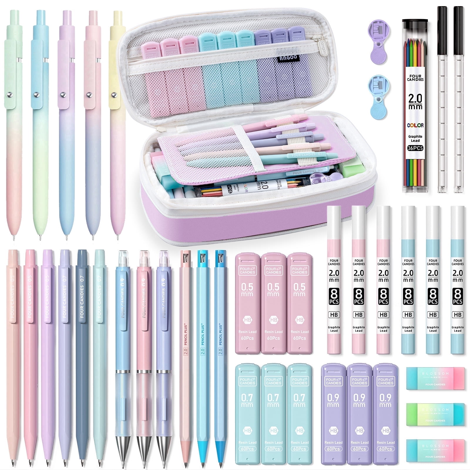 Four Candies 41PCS Aesthetic Supplies With Cute Pen Case, 5 Black Ink Gel Pens, 12 Mechanical Pencils 0.5mm, 0.7mm, 0.9mm & 2.0mm With Lead Refills For College Essentials Purple