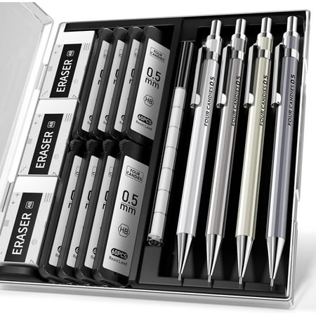 Four Candies 4PCS Metal Mechanical Pencil 0.5mm, 480PCS Lead Refills, 3PCS Erasers, 9PCS Eraser Refills, Lead Mechanical Pencils for Writing, Drawing