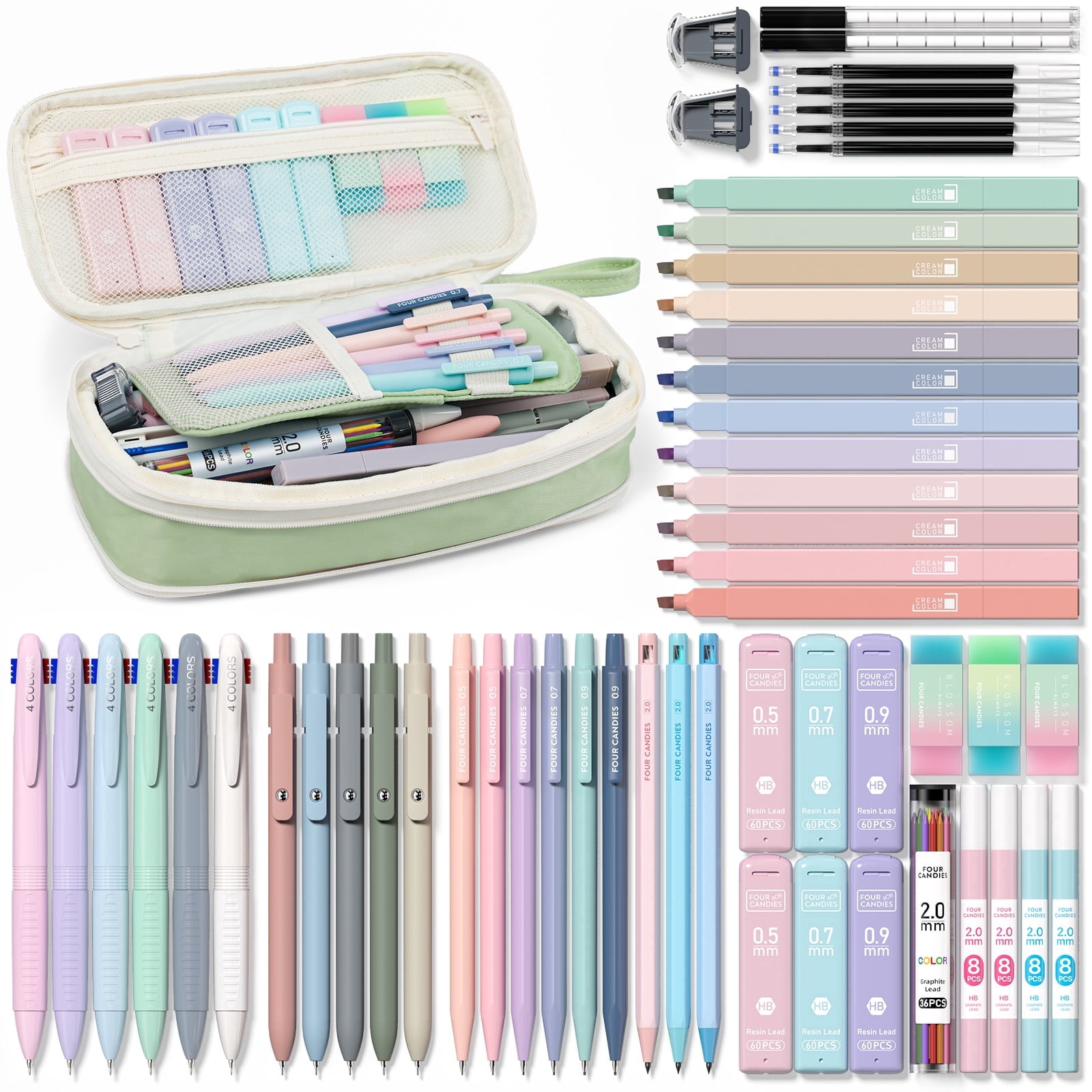 Four Candies 56 PCS Aesthetic Supplies with Pencil Case, 6 Multicolor Pen, 12 Pastel Highlighters, 5 Gel Pens Black Ink, 9 Mechanical Pencils for  Stationary Set Preppy Stuff (Green)