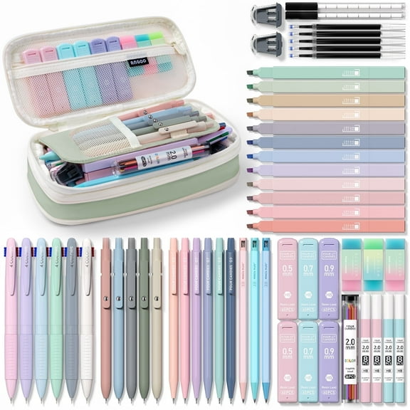 Four Candies 56 PCS Aesthetic Supplies with Large Pencil Case, 6 Colored Ballpoint Pens, 12 Pastel Highlighters, 5 Black Ink Gel Pens, 9 Mechanical Pencils 0.5-2.0mm Essentials (Green)