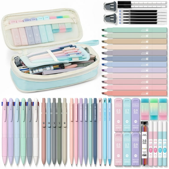 Four Candies 56 PCS Aesthetic Supplies with Cute Pencil Case, 6 Multicolor Pen, 12 Pastel Highlighters, 5 Gel Pens Black Ink, 9 Mechanical Pencils for Stationary Set Preppy Stuff (Blue)