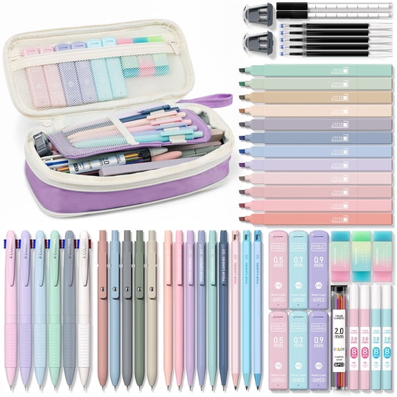 Four Candies 56 PCS Aesthetic Supplies with Pencil Case, 6 Multicolor Pen, 12 Pastel Highlighters, 5 Gel Pens Black Ink, 9 Mechanical Pencils (Purple)