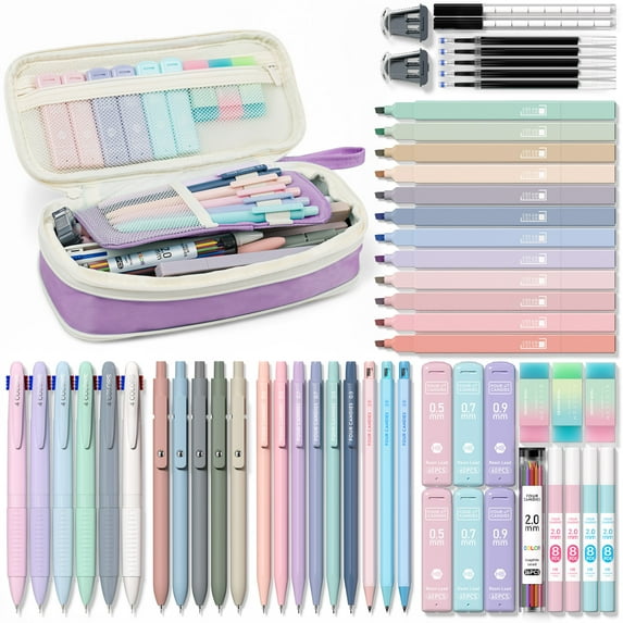 Four Candies 56 PCS Aesthetic Supplies with Pencil Case, 6 Multicolor Pen, 12 Pastel Highlighters, 5 Gel Pens Black Ink, 9 Mechanical Pencils for Stationary Set Preppy Stuff (Purple)