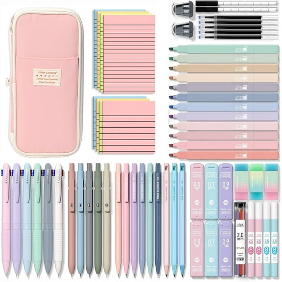 Four Candies 58 PCS Aesthetic Supplies with Cute Pencil Case, 6 Multicolor Pens, 12 Pastel Highlighters, 5 Gel Pens Black Ink, 9 Mechanical Pencils and 100 sticky notes in 2 sizes, College Essentials
