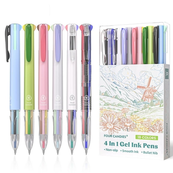 Four Candies 6 PCS Multicolor Pen, 0.5mm Colored Pens, 4-in-1 Multicolor Ink Pens, 18 Colors Retractable Ink Pens for Office Supplies