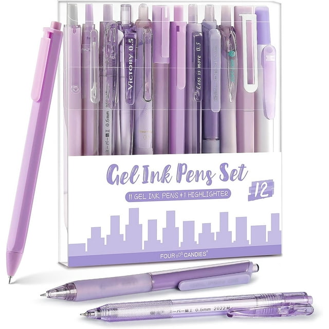 Four Candies Bullet Journal Variety Pack, 11 Gel Pens (Black Ink), 1 Highlighter (Purple), 12