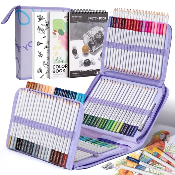 Four Candies Colored Pencils Set,120 Soft Colored Pencils for Coloring Books and Drawing,Blending,Shading. Non-Toxic Art Supplies with Portable Zipper Case & 3-Color Sketchbook for Artists, Beginners
