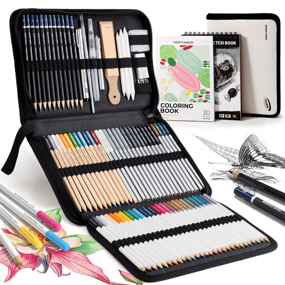 Four Candies 85 Pack Sketching Kit for Artist Gifts, Art Supplies, Drawing Set with Colored Pencils, Sketchbook, Coloring Book, Complete Drawing Tools in Zipper Case for Adult, Teens & Beginner