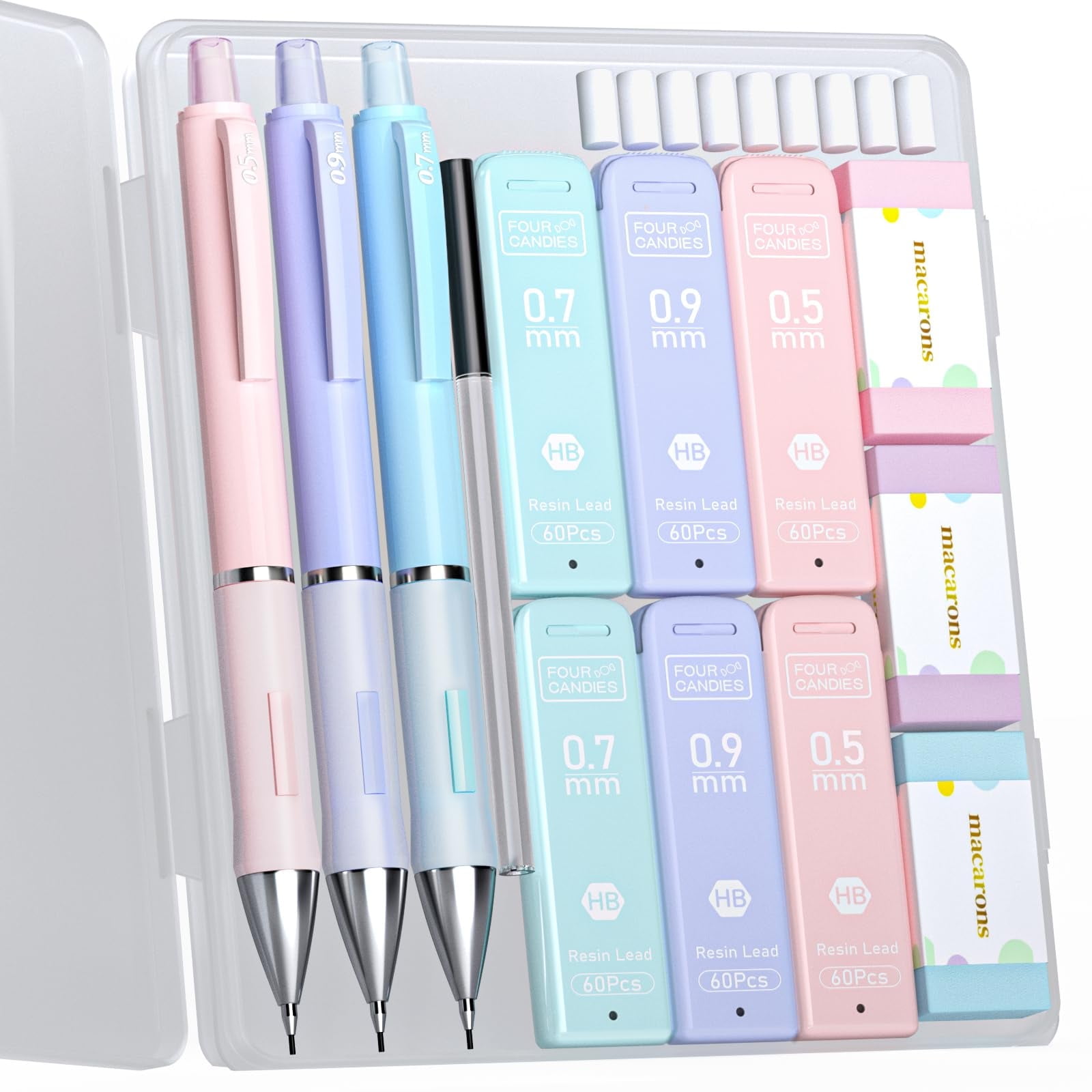 Four Candies Leuke mechanische potloodset, 6 stuk, 360 HB loodvullingen, 12 gummen, esthetische briefpapier en schoolbenodigdheden