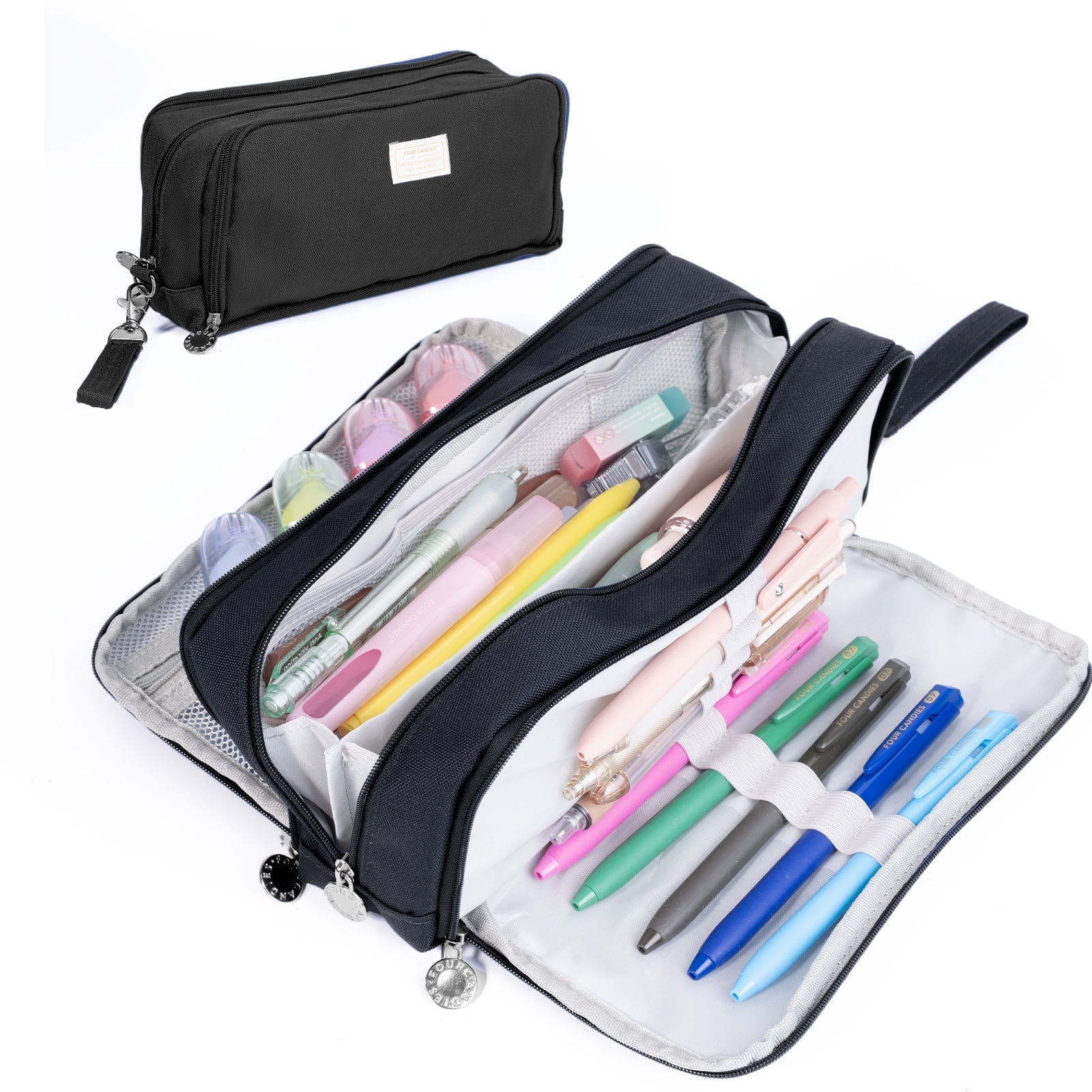 Four Candies Pencil Case 3 Compartment Pouch, Large Pencil Case for Women, Black, Removable Handle & Zipper, Cute Pencil Bag for Office, College