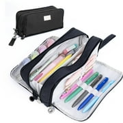 Four Candies Pencil Case 3 Compartment Pouch, Large Pencil Case for Women, Black, Removable Handle & Zipper, Cute Pencil Bag for Office, College