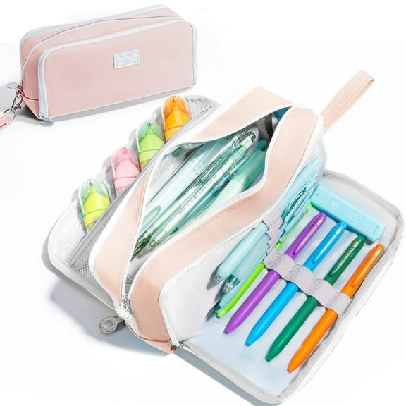 Four Candies Pencil Case 3 Compartment, Large Pencil Case with Removable Handle & Zipper, Cute Stationery Organizer for Markers, Makeup Bag, Cute Pencil Bag for Office College, Pink