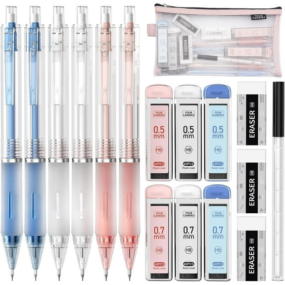 Four Candies Mechanical Pencil Set with Case, 6PCS Mechanical Pencils 0.5 & 0.7mm with 360PCS HB Lead Refills, 3PCS Erasers, 9PCS Eraser Refills, Aesthetic Mechanical Pencil for Drawing, Drafting
