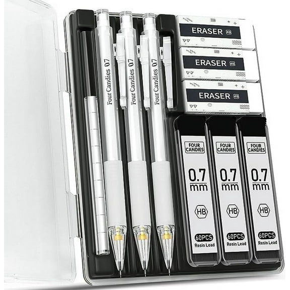 Four Candies Mechanical Pencil Set with Case and Lead, 3Pcs 0.7mm Mechanical Pencils, 180Pcs High Quality Leads, 3Pcs Erasers and Refills, Cool Mechanical Pencil for Drawing, Drafting, Sketching