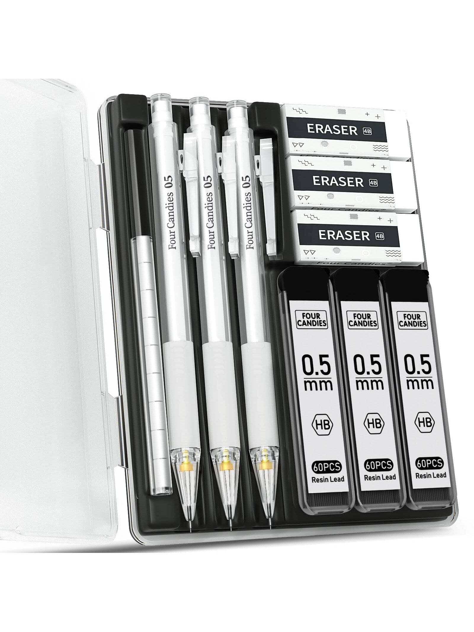 Four Candies Mechanical Pencil Set with Case and Lead, 3Pcs .5mm