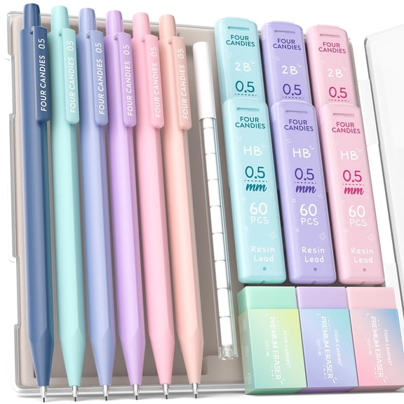 Four Candies Mechanical Pencils 0.5, with HB & 2B Lead Refills 0.5mm, Pastel Eraser Set & Eraser Refills, 16-Count Pack with Case for Writing, Drawing and Drafting