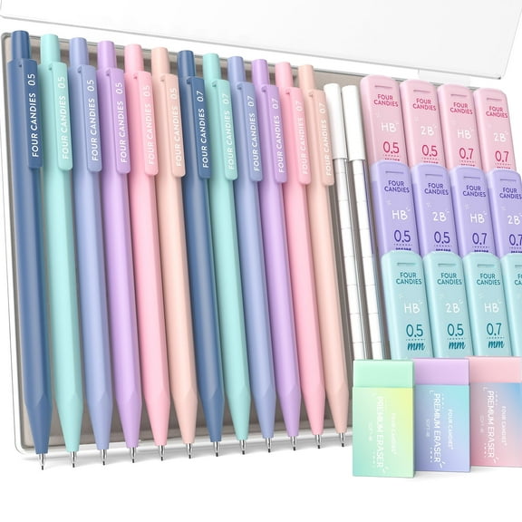 Four Candies Mechanical Pencils Set, with 0.5 & 0.7mm Lead Refills (HB & 2B), Pastel Erasers & Eraser Refills, 29-Count Pack with Case, Cute Aesthetic Supplies for Writing, Drawing