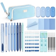 Four Candies Blue Aesthetic school Supplies with Pencil case, 4 Gel Pens with Black Ink, 4 Correction Tapes, 2 Pastel Highlighters, 2 Mechanical Pencils, Sticky Notes, Index Post, Back to School