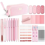 Four Candies Aesthetic Supplies with Pink Pencil Case, 4 Gel Pens with Black Ink, 4 Correction Tapes, 2 Pastel Highlighters, 2 Mechanical Pencils, Sticky Notes, Index Post