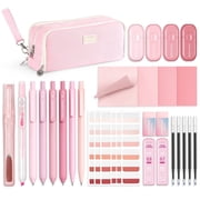 Four Candies Aesthetic School Supplies with Pink Pencil Case, 4 Gel Pens with Black Ink, 4 Correction Tapes, 2 Pastel Highlighters, 2 Mechanical Pencils, Sticky Notes, Index Post, Back to School