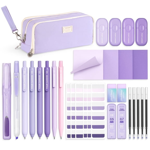 Four Candies Aesthetic Supplies with Pencil Case, 4 Gel Pens with Black Ink, 4 Correction Tapes, 2 Pastel Highlighters, 2 Mechanical Pencils, Sticky Notes, Index Post,Purple